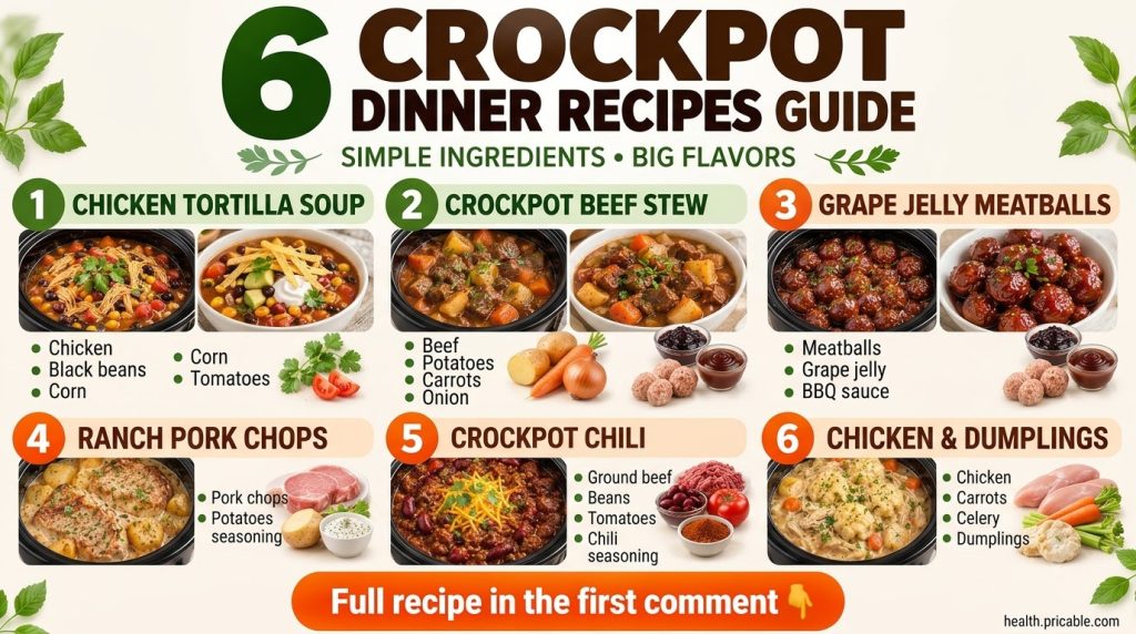 A collection of six different crockpot dinner recipes each shown cooked in a slow cooker and then plated in a white bowl