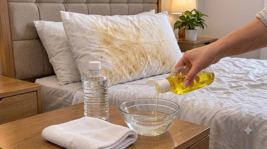 Una mano virtiendo líquido limpiador amarillo en un tazón con agua junto a una almohada manchada en una cama con una toa