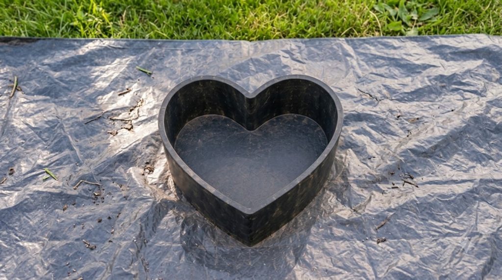 A beautiful heart-shaped concrete planter filled with vibrant flowers adding charm to an outdoor garden space