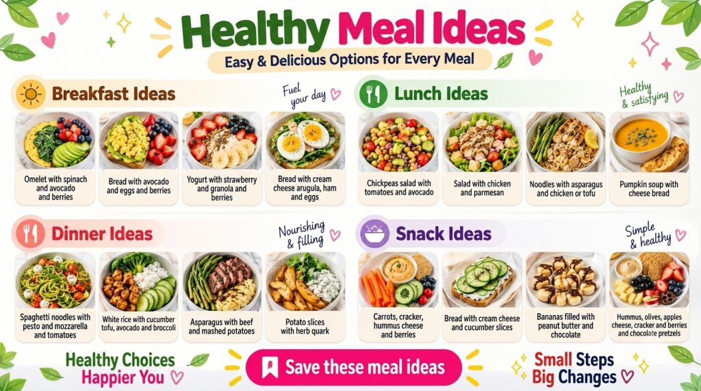A vibrant infographic displaying 16 different healthy meal ideas categorized into breakfast lunch dinner and snacks Each