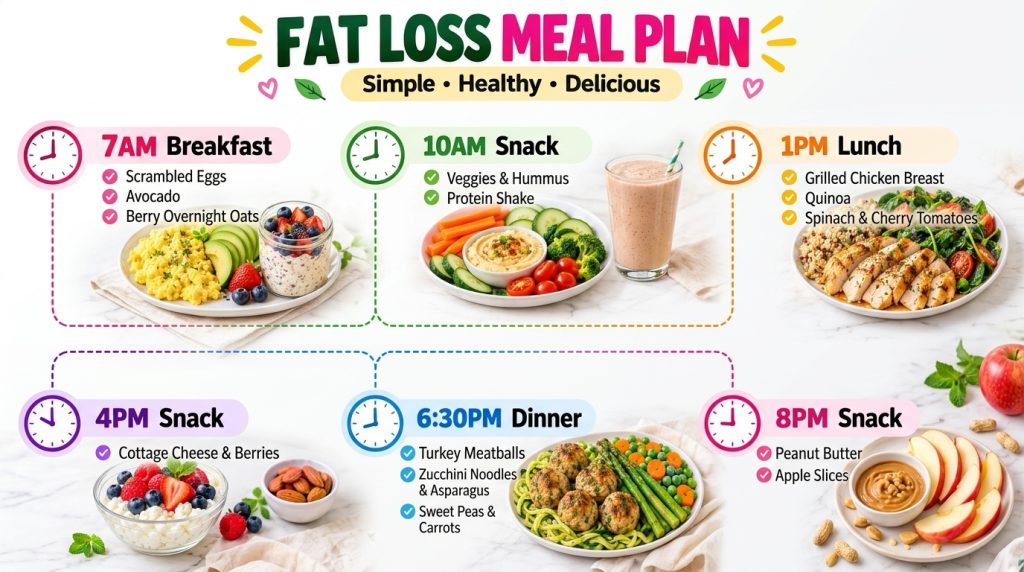 A visually appealing fat loss meal plan organized by time slots showing vibrant dishes like scrambled eggs avocado berry