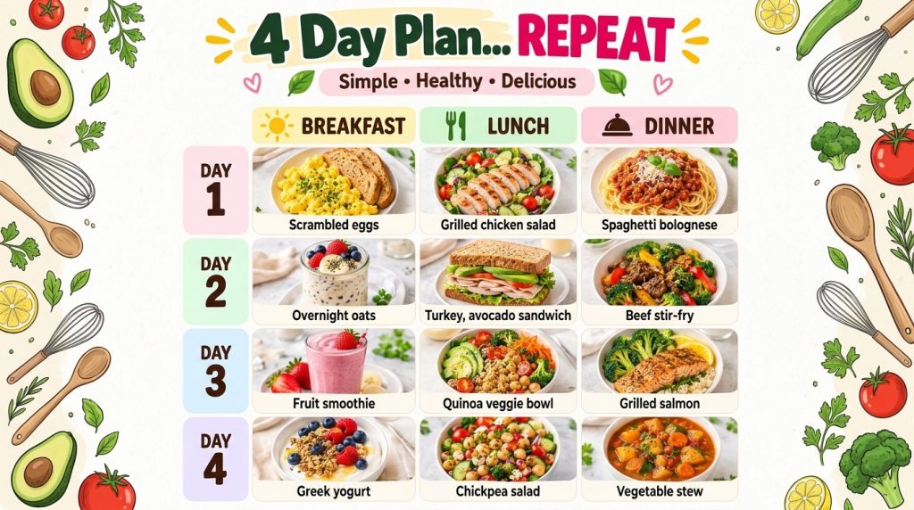 A vibrant and well-organized infographic presenting a 4 Day Plan REPEAT for meals It features 12 distinct appealing food