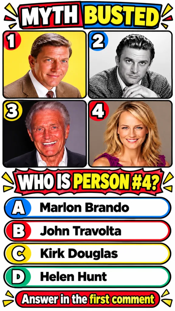 A quiz-style graphic with MYTH BUSTED at the top showing four celebrity portraits in a 2x2 grid The question WHO IS PERS