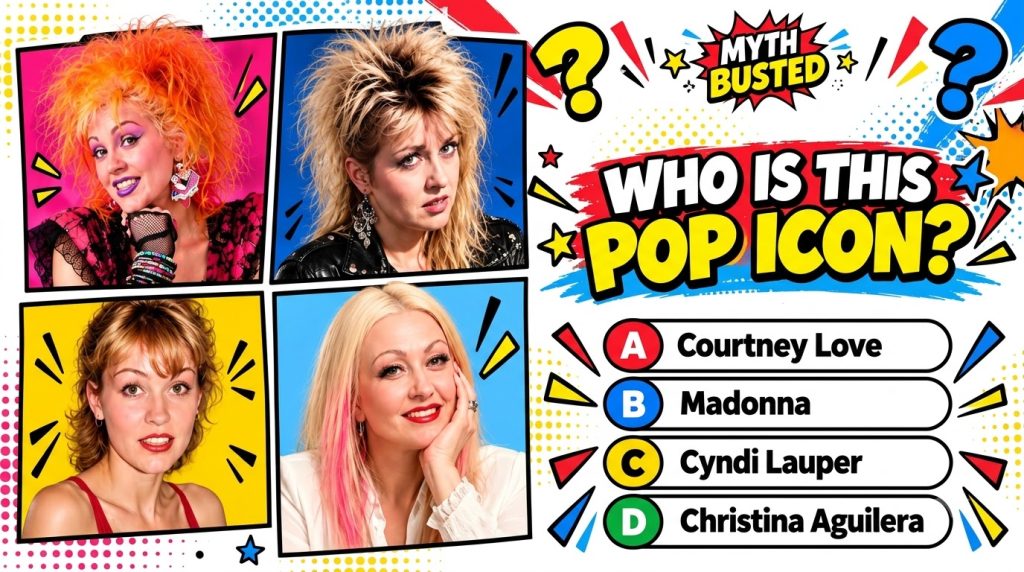 A comic-book-style quiz with four distinct portraits of women embodying 80s 90s pop styles arranged in a 2x2 grid challe