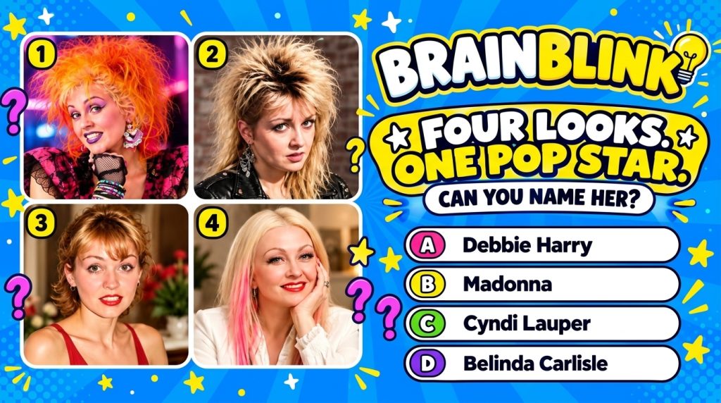 A retro-themed quiz graphic titled BRAINBLINK showing four different portraits of Cyndi Lauper s iconic 80s looks with m
