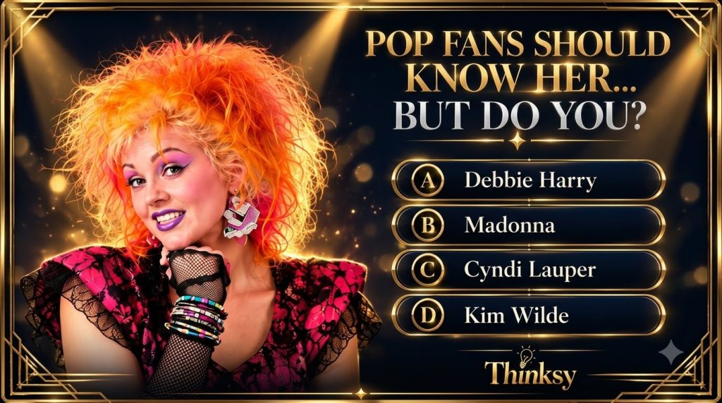 A vibrant 80s-themed pop quiz featuring a woman with big hair and bold makeup