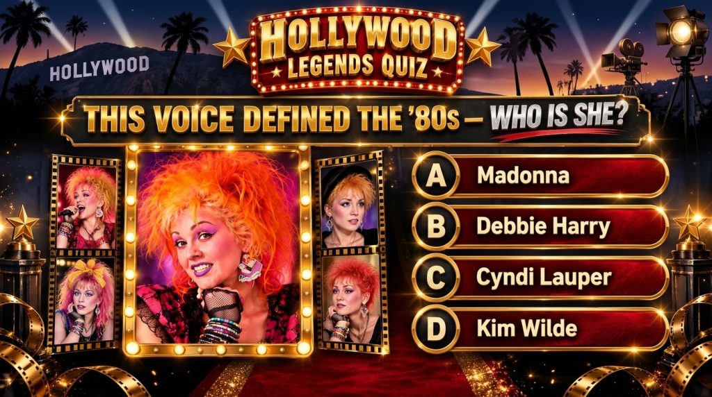 An interactive Hollywood Legends Quiz screen featuring an 80s-style portrait of Cyndi Lauper with vibrant orange hair su