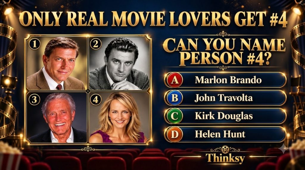 A movie trivia quiz featuring four portraits of actors in gilded frames set against a dark theatrical background with fi