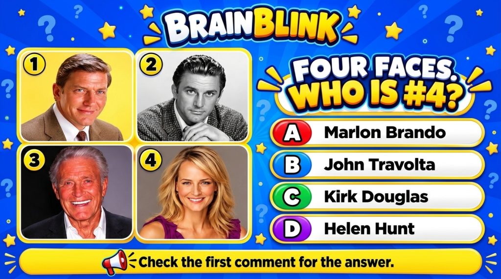 A vibrant cartoon-style quiz game interface titled BRAINBLINK showing four numbered celebrity portraits in a 2x2 grid wi