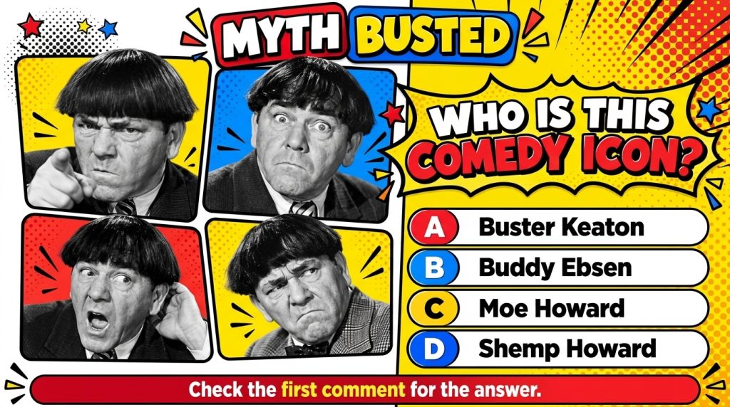 A vertical quiz graphic featuring four black-and-white portraits of Moe Howard of The Three Stooges each displaying a di