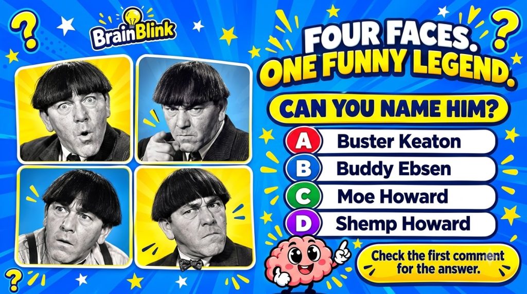 A vibrant blue quiz poster featuring four black-and-white headshots of Moe Howard with comedic expressions asking to nam