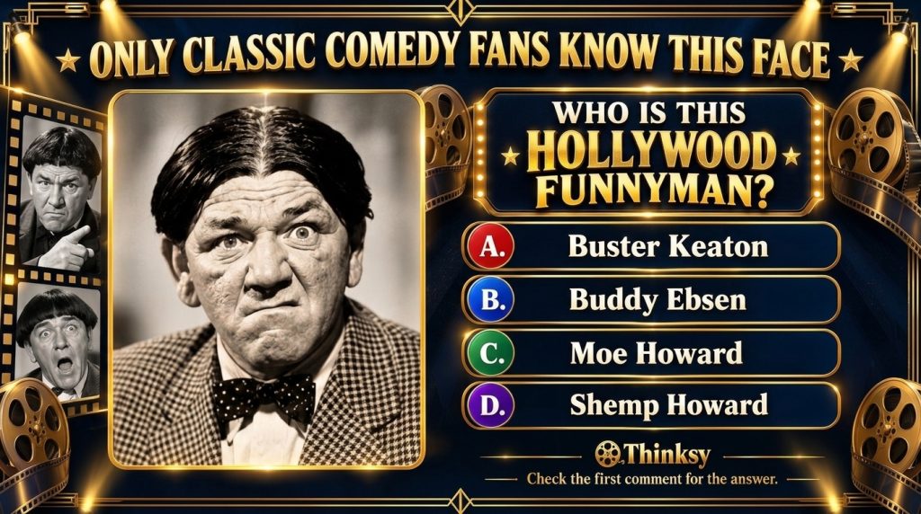 A vintage comedy quiz poster featuring Moe Howard with a comically stern expression surrounded by smaller vignettes of h