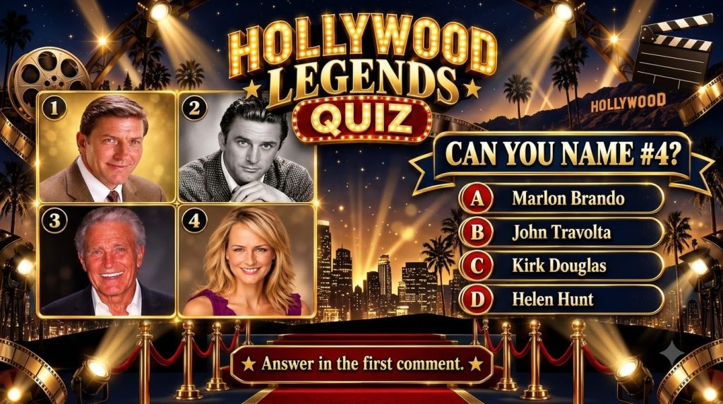 A quiz graphic with a portrait of Helen Hunt surrounded by classic Hollywood elements like spotlights and film reels