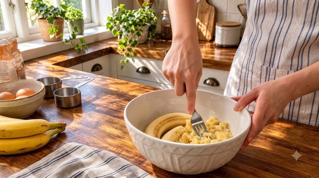 A close-up of hands mashing ripe bananas in a white bowl with a fork on a wooden countertop