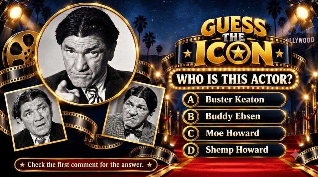 Quiz poster featuring Shemp Howard with Guess the Icon and Who Is This Actor text against a theatrical Hollywood backdro