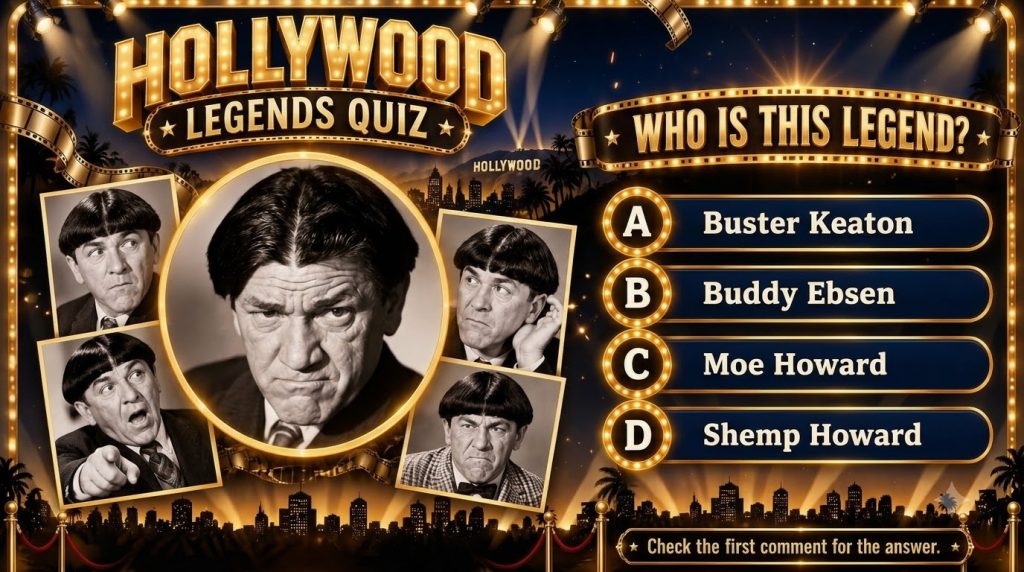 A vertical Hollywood Legends Quiz graphic featuring a large central black-and-white portrait of Moe Howard encircled by 
