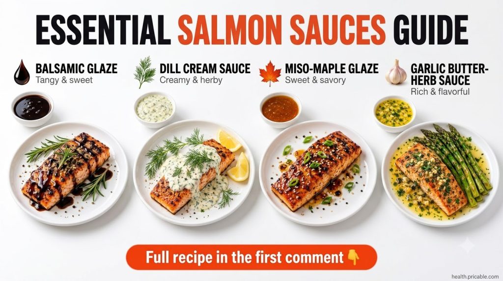 A perfectly cooked salmon fillet topped generously with a creamy light green dill sauce garnished with fresh dill sprigs
