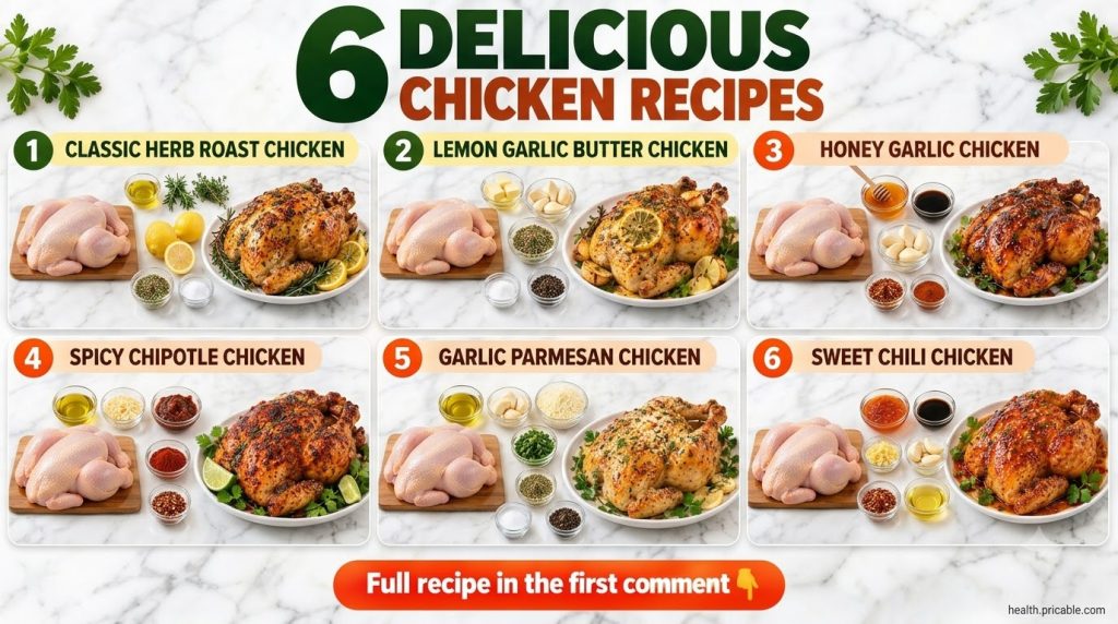 A whole roasted chicken golden brown and glistening served on a white plate with fresh rosemary and garlic cloves scatte