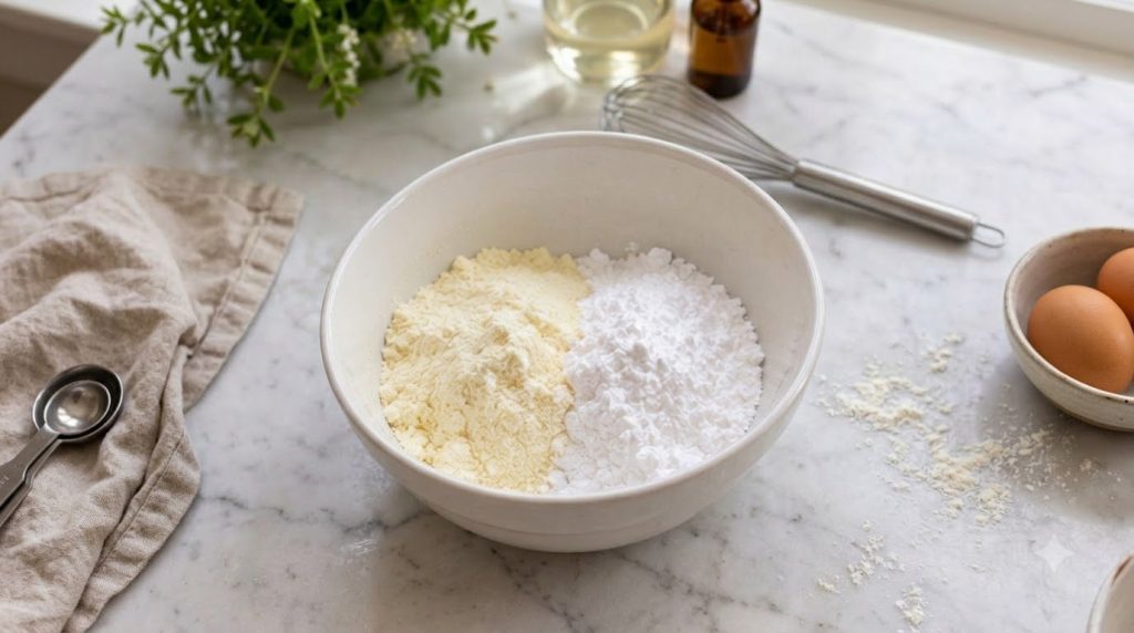 A pile of classic homemade white chocolate chips on a parchment-lined surface with a double boiler in the background