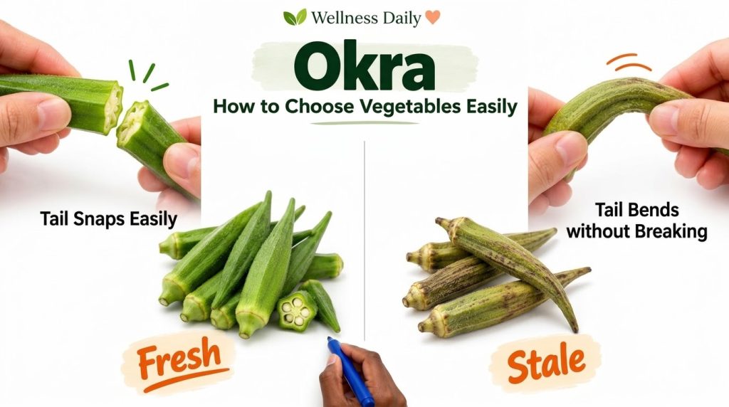 An infographic showing a split-screen comparison of fresh versus stale okra On the left a hand bends a fresh okra pod il