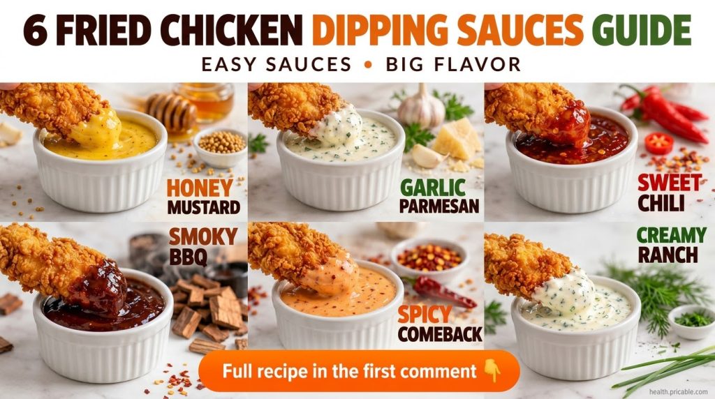 A vibrant array of six different dipping sauces in white ramekins each with a fried chicken tender being dipped into it 