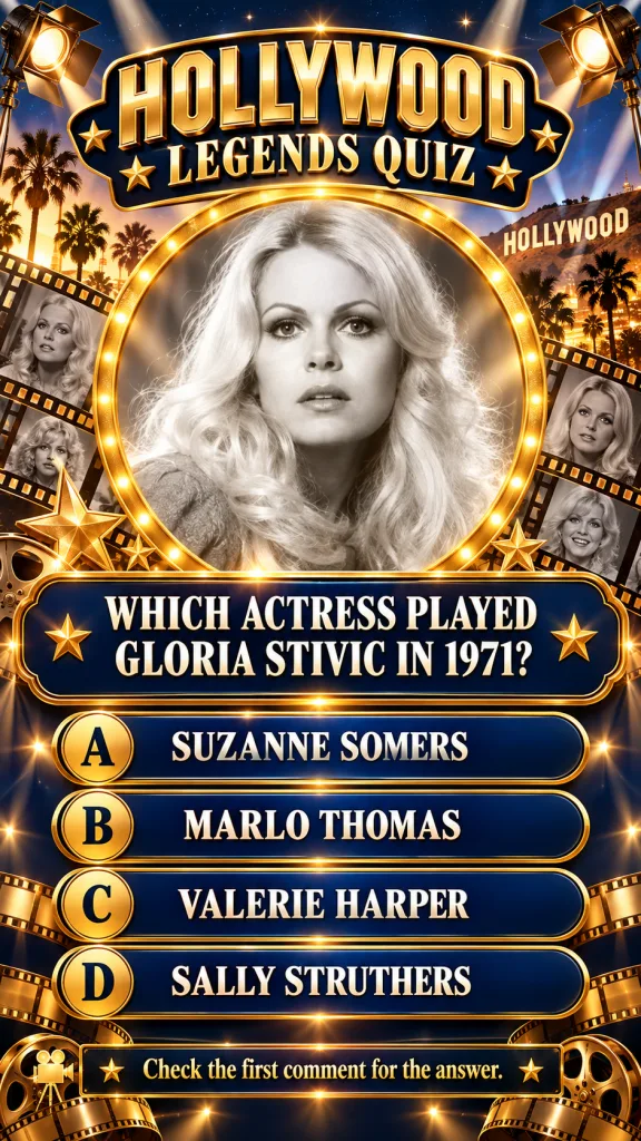 A vertical Hollywood-themed quiz poster featuring a black-and-white portrait of a blonde woman Sally Struthers framed by