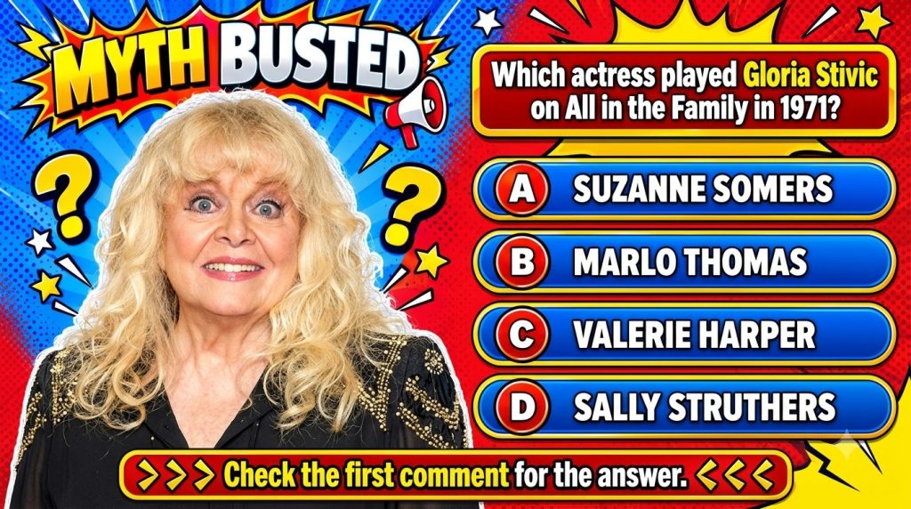 A retro-style quiz card with MYTH BUSTED banner featuring a smiling blonde woman with wide eyes and a multiple-choice qu