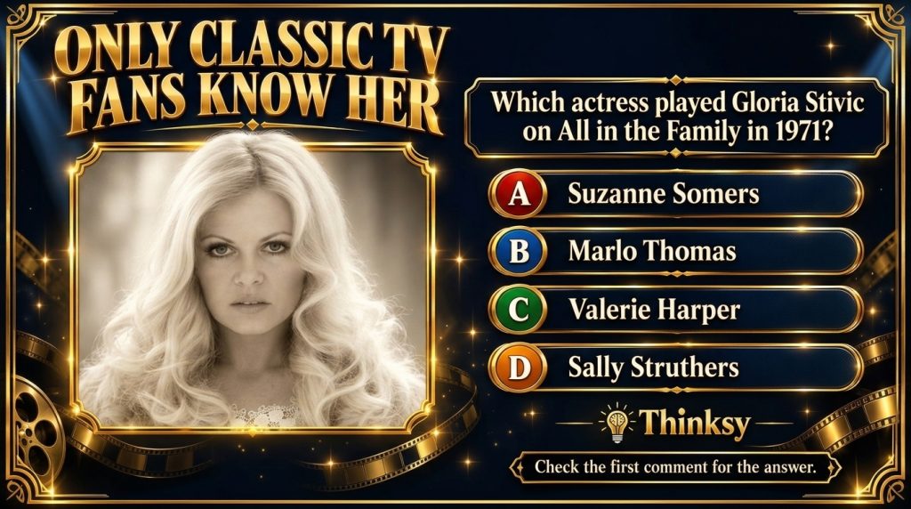 A classic TV quiz card with a black and white portrait of Sally Struthers with a quiz question below asking about an act