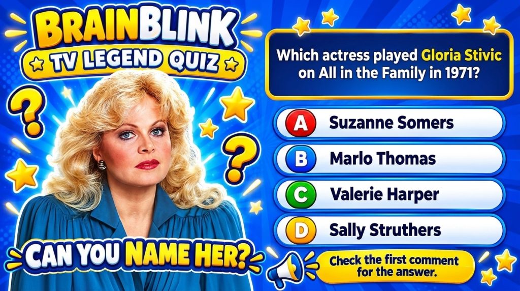 Retro-style quiz poster featuring a blonde woman with glowing light rays and stars asking to identify an actress from a 