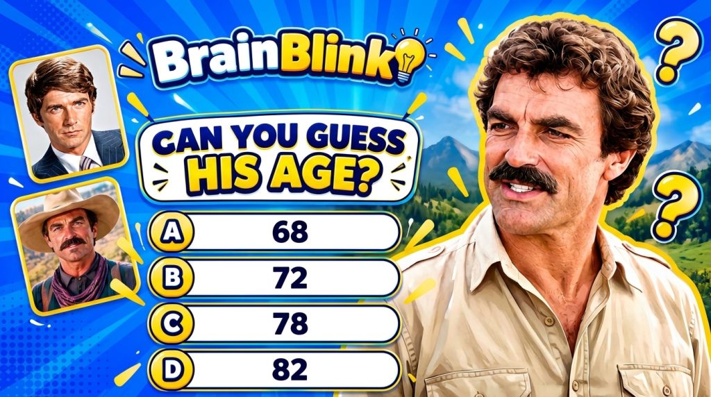 A vibrant game-show style graphic featuring a central image of actor Tom Selleck with a mustache smiling Two smaller fra