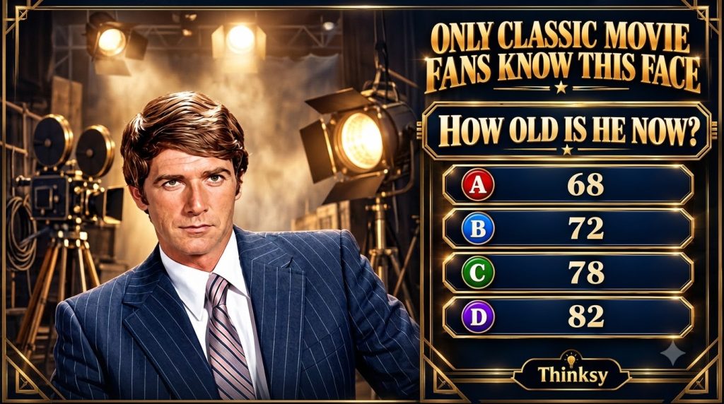 A man in a suit framed within a classic movie trivia quiz asking How old is he now with vintage film production equipmen