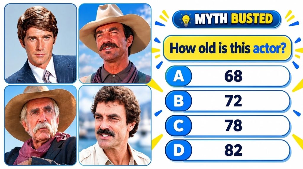 A quiz-style graphic featuring a 2x2 grid of four distinct male portraits of Sam Elliott each with prominent mustaches a