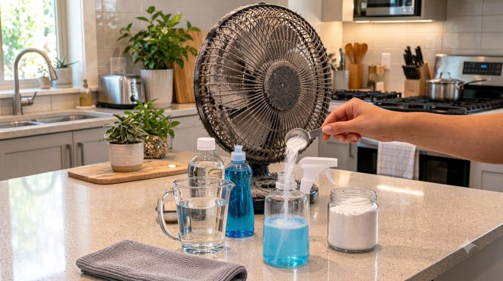 A hand pouring white baking soda powder from a measuring spoon into a blue spray bottle already containing blue dish soa