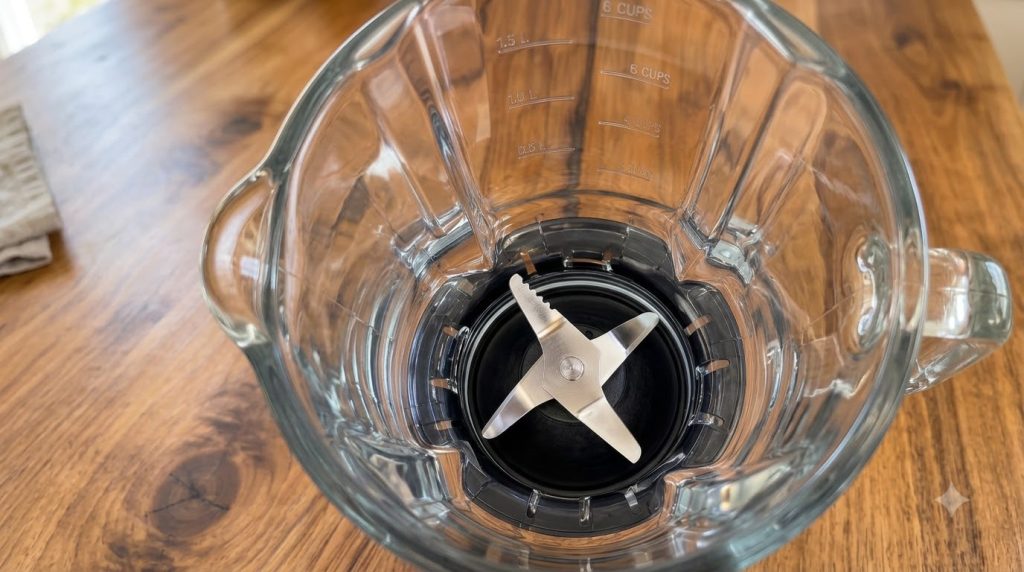 A top-down view inside a clear blender pitcher with stainless steel blades showcasing its clean and ready-to-use state M