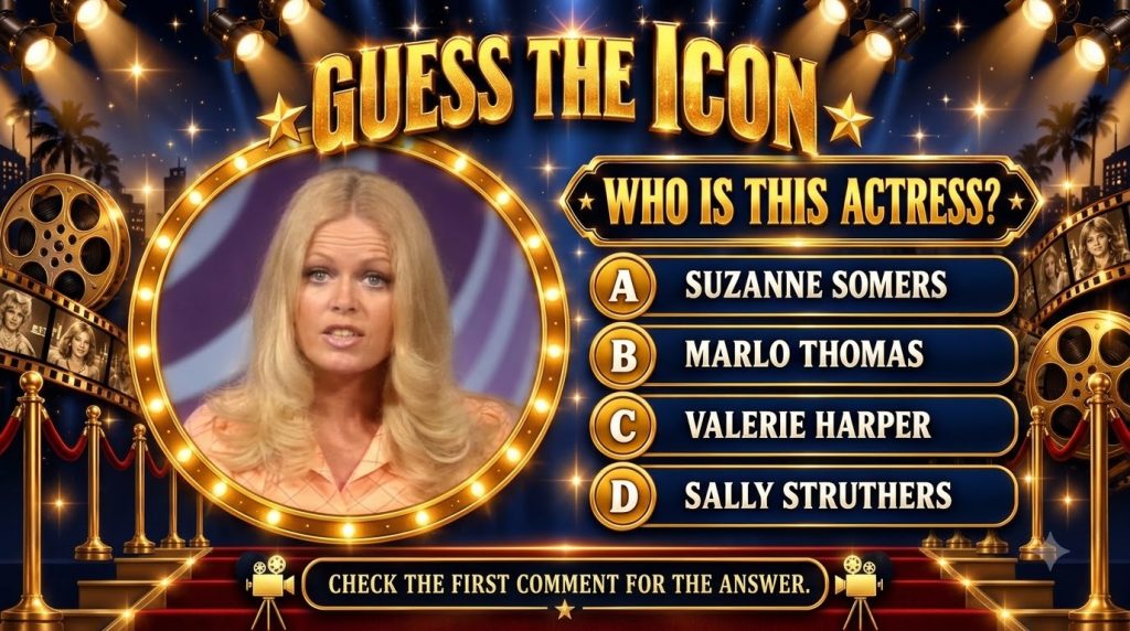 A quiz graphic with a central circular portrait of a smiling Sally Struthers framed by golden light bulbs The background