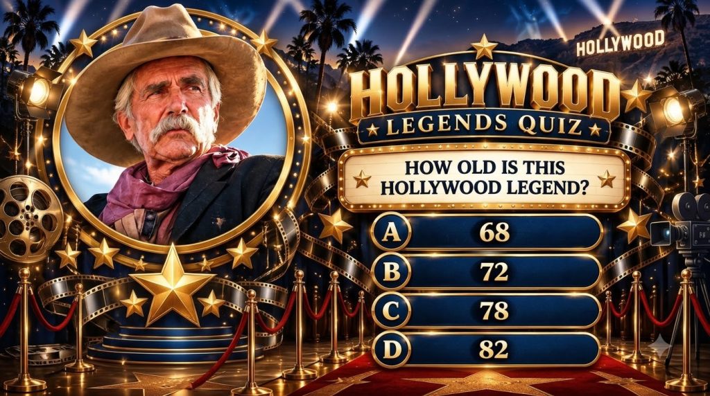 An older man with a mustache and cowboy hat in a golden oval frame against a Hollywood backdrop with a quiz question abo