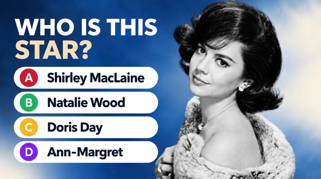 Black and white portrait of Natalie Wood wearing a fur stole with a quiz overlay asking WHO IS THIS STAR and multiple ch