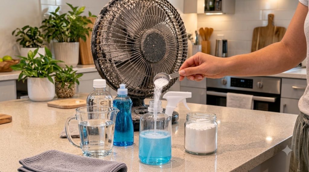 A hand pouring white baking soda from a measuring spoon into a clear spray bottle containing blue liquid with other clea