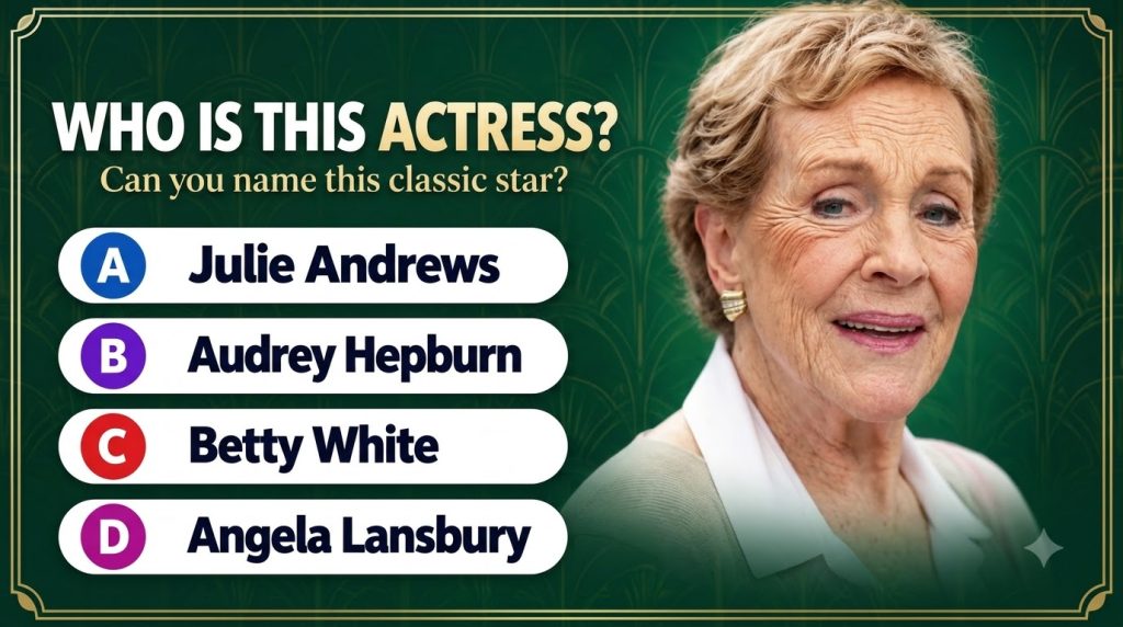 Close-up portrait of an older woman Julie Andrews smiling gently against a dark green art deco background The image also