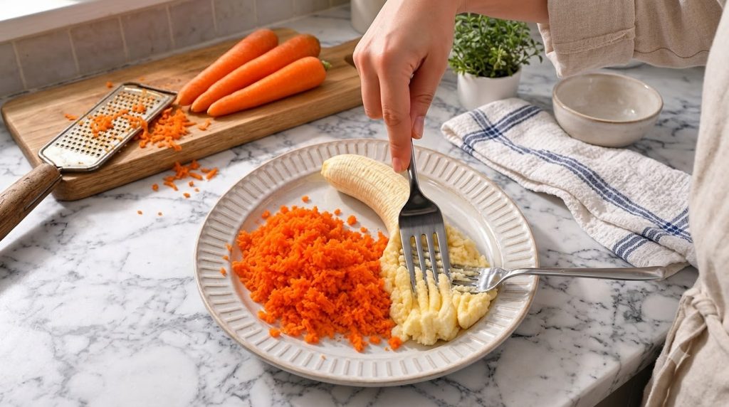 A hand using a fork to mash a peeled banana on a white plate with a pile of bright orange shredded carrots next to it Wh