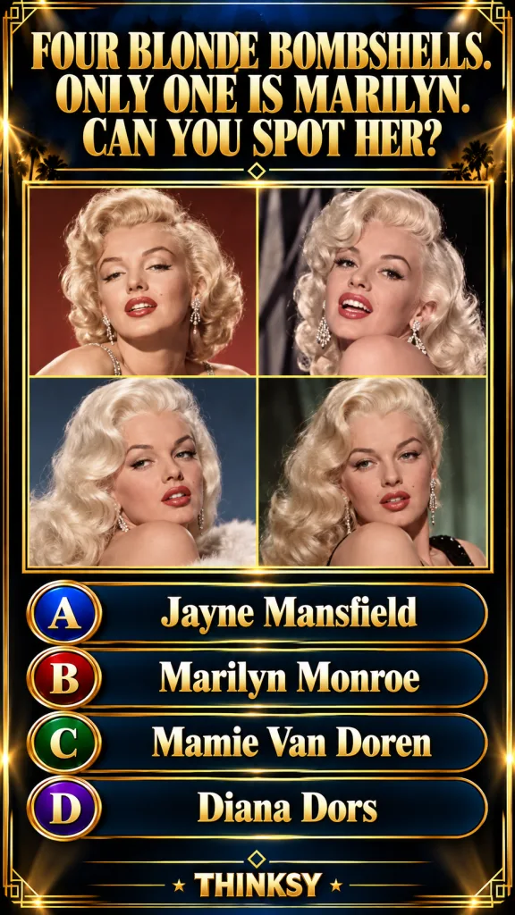 A quiz layout asking viewers to identify Marilyn Monroe among four blonde bombshells It features a title a 2x2 grid of c