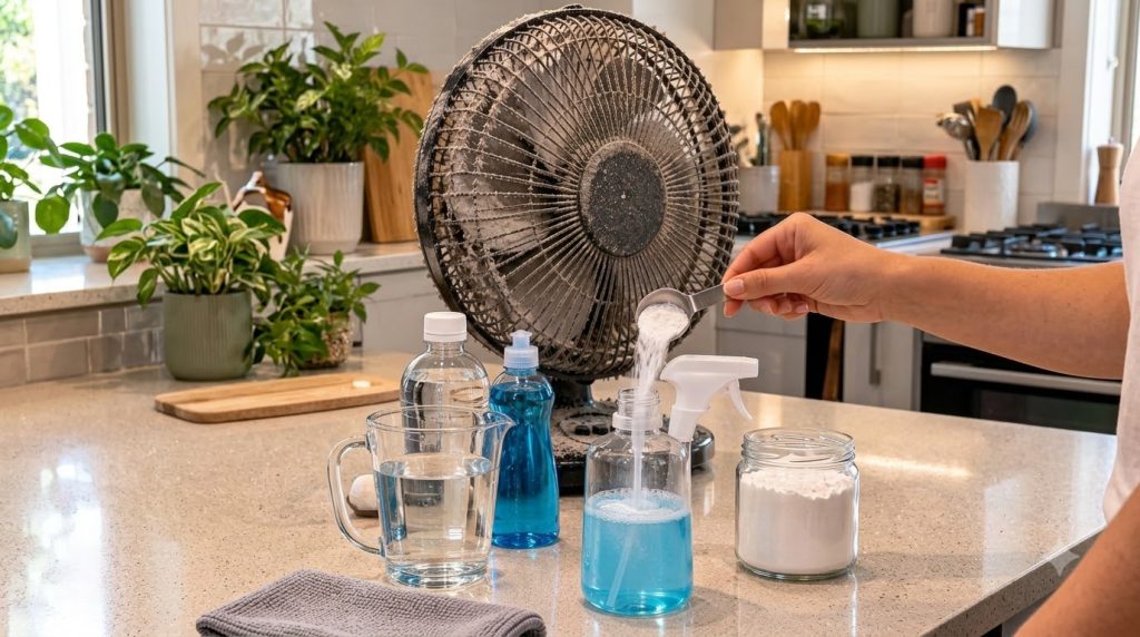 A dusty fan on a kitchen counter in the background with a human hand in the foreground preparing a cleaning solution by