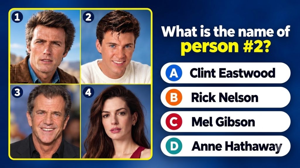 A mobile quiz interface displaying four celebrity portraits Clint Eastwood young Rick Nelson Mel Gibson and Anne Hathawa
