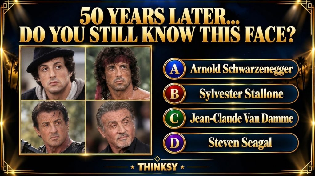 A quiz-style graphic featuring four portraits of Sylvester Stallone from different decades of his career with a central