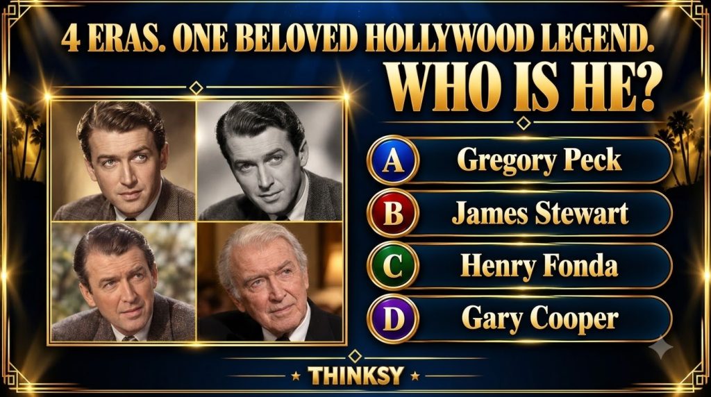 A quiz graphic showing four portraits of James Stewart at different ages from youth to old age arranged in a 2x2 grid wi