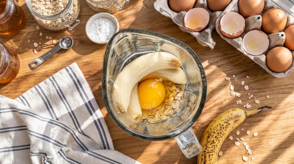 An overhead shot of a clear blender pitcher filled with peeled bananas a raw egg yolk and dry oats ready to be blended f
