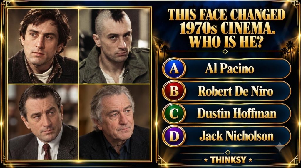 A collage of four portraits of Robert De Niro from his iconic 1970s films like Taxi Driver The Godfather Part II Mean St