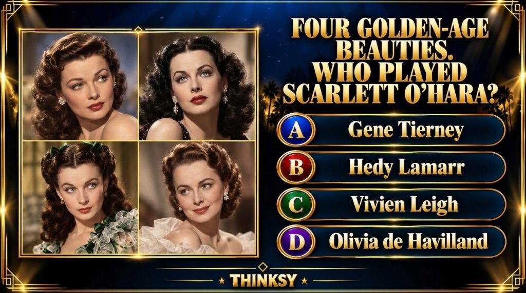A vintage quiz poster featuring four portraits of Golden Age actresses Gene Tierney Hedy Lamarr Vivien Leigh Olivia de H