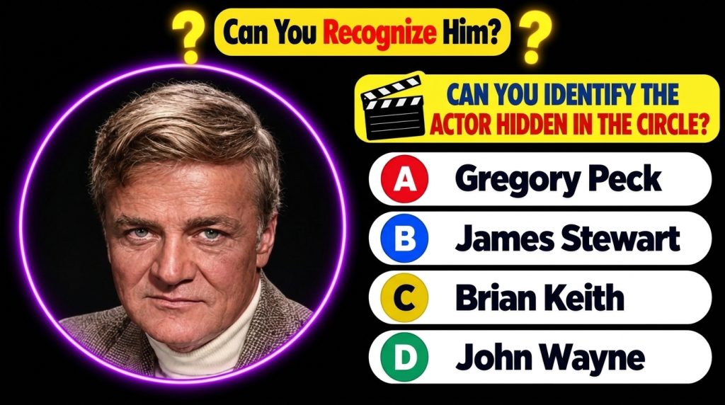 An older Caucasian man with light hair dressed in a tweed jacket and white turtleneck encircled by a glowing purple neon