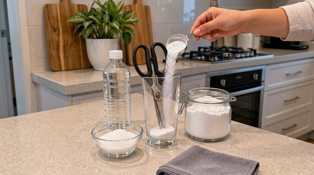 Hand pouring white granular substance baking soda from a spoon into a clear glass with rusty scissors On the counter a b